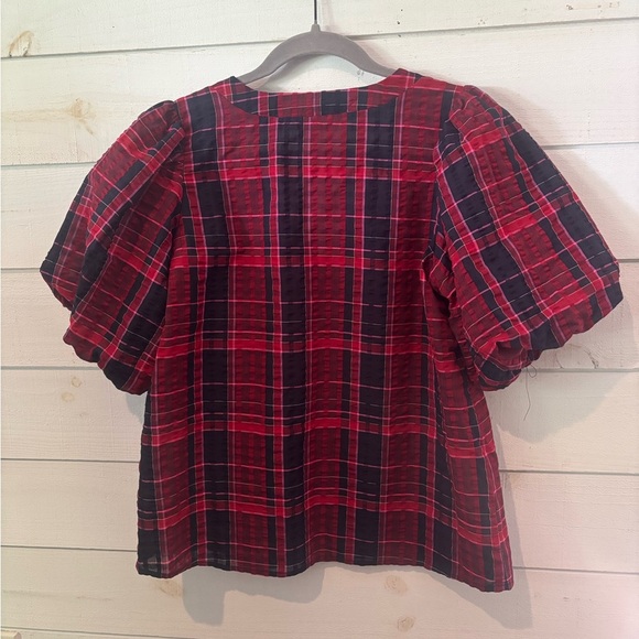 LOFT Red and Blue Flutter Sleeve Blouse - Picture 11 of 13